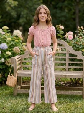 I.N. Girl Pastel Striped Eyelet Wide Leg Jumpsuit M 10 12 Cottagecore Retro Boho